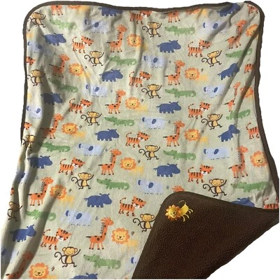 Cobertor infantil bordado leão bebê verde marrom animais da selva adorável raro - Imagem 1 de 4