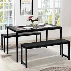 Juego de Comedor 2 Bancas y Mesa Moderna Elegante Black Wood Top Kitchen Table - Picture 1 of 6