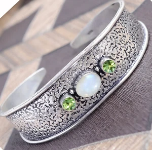 Moonstone, Peridot Cut Gemstone Bangle 925 Sterling Silver New Art Bracelet Cuff - Picture 1 of 6