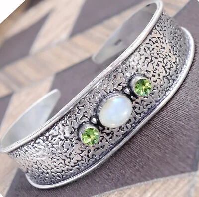 Moonstone, Peridot Cut Gemstone Bangle 925 Sterling Silver New Art Bracelet Cuff - Image 1 of 4