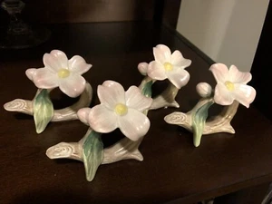 Vintage Fitz And Floyd Blue Bird Dogwood Flower Napkin Ring Set Of 4 New In Box - Picture 1 of 6