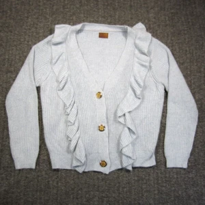 Pol Kelli Ruffle Cardigan Women L Blue Knit Rabbit Hair Wool Button Up Sweater - Picture 1 of 8