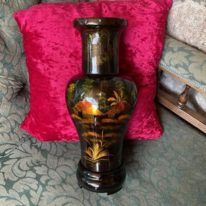 CHINESE HAND PAINTED WOODEN VASE BLACK LACQUER FINISH ~ FISHING BOAT LAKE SCENE - Picture 1 of 12