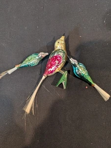 Vintage Glass Bird Clip-On Christmas Ornaments with Spun Glass Tails Set of 3 - Picture 1 of 7