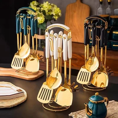 Utensilios de cocina de acero inoxidable con mango de cerámica 7 piezas con colgante... Foto 1 de 4