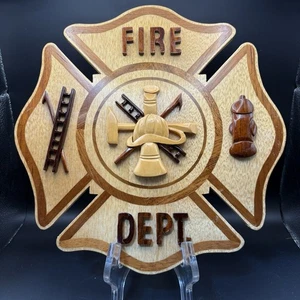 Handcrafted Wooden Fire Dept Maltese Cross Sign Firefighter Wall Plaque 11x11 - Picture 1 of 10