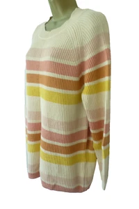 NUTMEG Ladies Size 14 Cream Pink Orange Multi Striped Cotton Pullover Jumper Top - Picture 1 of 10