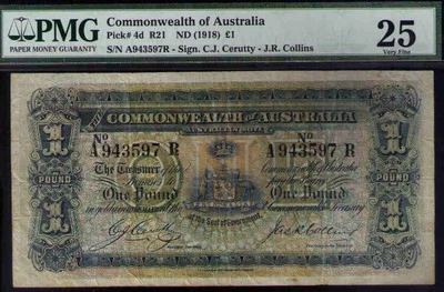 Commonwealth of Australia Pick# 4d R21 ND1918 £1 Sign.C.J. Cerutty - J.R.Collins - Image 1 of 2