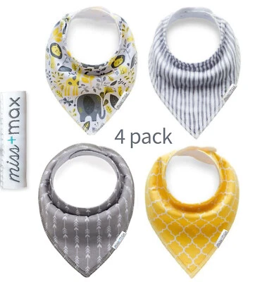 Miss + Max 4pc Cotton Baby Bandana Bib set, unisex (yellow + grey) - image 1 of 4