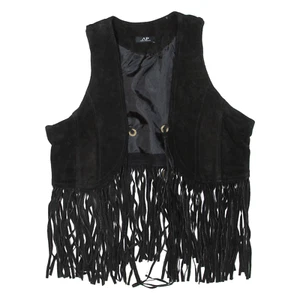 AVANT PREMIERE Tassel Womens Waistcoat Black Leather Suede XS - Picture 1 of 6