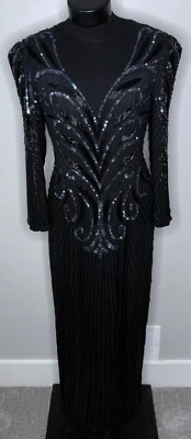 Vintage AJ Bari Cocktail Sheath Dress Womens Size 8 Black Silk Sequined Beaded - Image 1 of 4