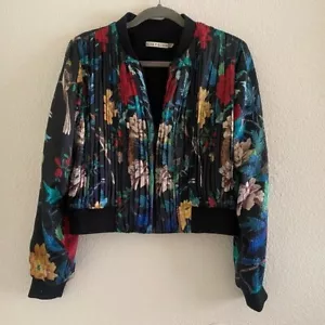 Alice + Olivia Women's Size Medium Drapey Gathered Crop Jacket Floral Silk - Picture 1 of 8