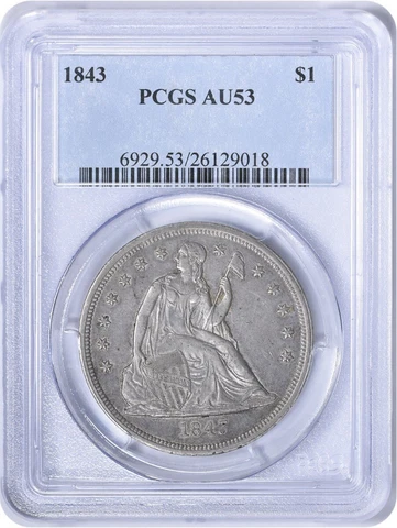 1843 Liberty Seated Silver Dollar AU53 PCGS Cover
