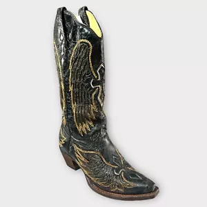 Corral Western Boots Angel Wings Cross Embroidery Black Leather Crackle 6.5 GUC - Picture 1 of 13