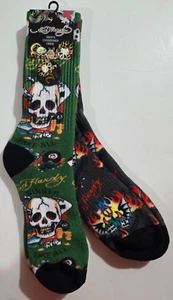 Ed Hardy Herrensocken gepolstert Crew-Logo 2er-Pack Würfel Gewinner nehmen alle Totenkopf neu mit Etikett - Bild 1 von 5