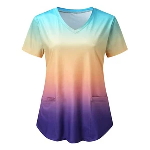 Medical Uniform Gradient Print Short Sleeve Neck Working Uniform Blouse Shirt - Picture 1 of 14