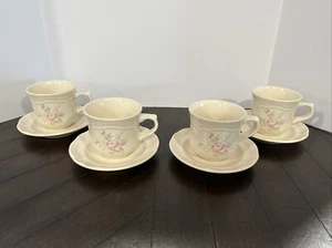 Set of 4 Pfaltzgraff TEA ROSE Mugs & Saucers Pink Blue Flowers USA - Picture 1 of 12