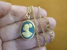 CA30-115 RARE African American LADY blue + white CAMEO brass Pendant necklace