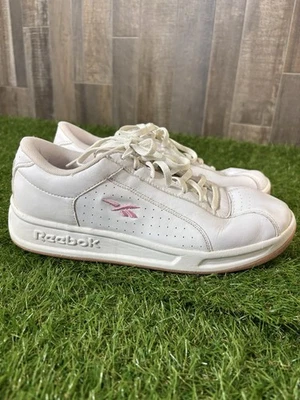 Reebok Women’s White Leather Sneakers Size 9.5- Pink Logo- Classic Walking Shoes - Image 1 of 4