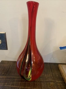 Murano Stil mundgeblasenes rotes Glas mit Wirbelmuster 14,5" hohe Vase - Bild 1 von 11