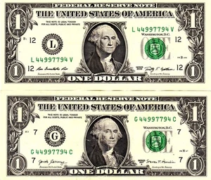 $1 2009 UNCIRCULATED 2017A  Fancy Serial MATCHING SERIALS L44997794V  G44997794C - Picture 1 of 1