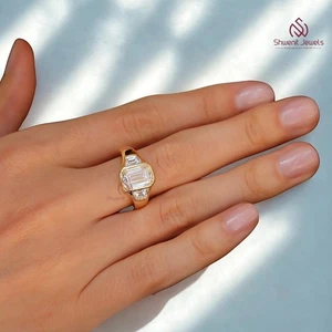 1.5Ct Emerald Cut Lab Diamond Ring 10K Yellow Gold Three Stone Bezel IGI Gift - Picture 1 of 3