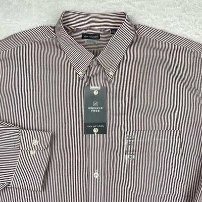 Van Heusen 正装衬衫男式 18.5-34/35 深红色/白色条纹常规无皱纹 — 第 1/4 张图片