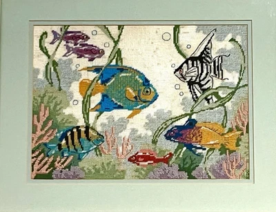 Fabulous Vintage Ocean TROPICAL FISH Completed 1988 Needlepoint Aqua/Green FRAME - Image 1 of 4