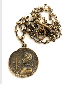 Bronze Heilige Jeanne d'Arc Medaille Anhänger Halskette 18" Rosenkranz Metall Perlenkette - Bild 1 von 6