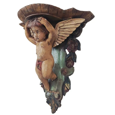 Hermoso estante de pared de ménsula de madera de querubín tallado a mano de colección Italian Regency Estate Foto 1 de 4