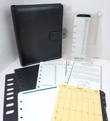 Temporizador de día planificador de tamaño de escritorio carpeta cuero negro 7 anillos 1" bolsa de inserciones LEER Foto 1 de 4
