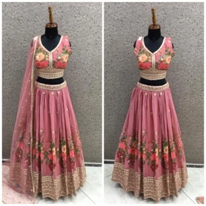Designer Wedding Printed Rose Pink heavy Lehanga Choli Zari Sequence Foil 40  🤩 - Picture 1 of 4