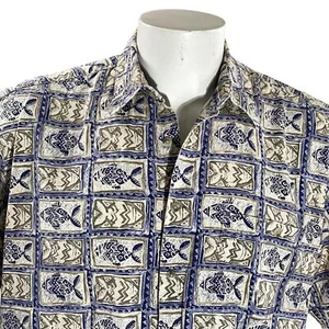 Campia Moda Hawaiian Shirt Large Psychedelic Fish Tribal Collage Pale Brown - Picture 1 of 7
