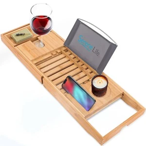 Luxury Bamboo Bathtub Caddy Tray - Adjustable Natural Wood Bath Tub Organizer - Picture 1 of 8
