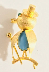 VINTAGE GOLDTON VOGELBROSCHE ~ KUNST TÜRKIS CABOCHON BAUCH & TOP MÜTZE ~ ITALIEN - Bild 1 von 4