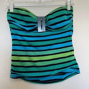La Blanca Striped Bandeau Tankini Top Ruched Front Swimwear Green Blue Black 4 - Picture 1 of 8