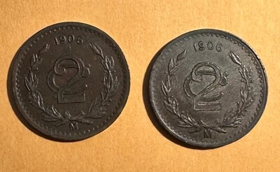 MEXICO ESTADOS UNIDOS 2 CENTAVOS COINS: 1906, WIDE & NARROW DATES, LOT OF (2) - Image 1 of 3