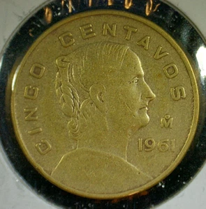 CINCO DE MAYO SALE--1961-Mo MEXICO 5 CENTAVOS BRASS COMPOSITION COIN KM#426 - Picture 1 of 3