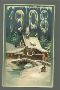 1908 HOLD TO LIGHT New Years Greetings HTL Bridge Church SNOW Trees - Picture 1 of 4
