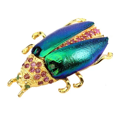 925 Sterling Silver Brooch Round Ruby Emerald Green Wood Beetle Gemstone Jewelry - Image 1 of 4