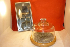 CHEESE SET HOSTESS COLLECTION BY CORNWALL  OAK MARBLE W/GLASS DOME & UTENCILS - Picture 1 of 20