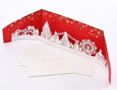 Japanese Laser-Cut Christmas City Scene Card – Foil Pop-Up Design –Free Shipping