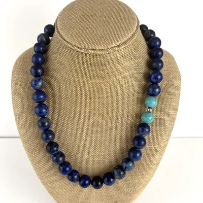 Estate Dyed Lapis Lazuli and Turquoise Necklace Sterling Silver Togle Clasp 20" - Image 1 of 4