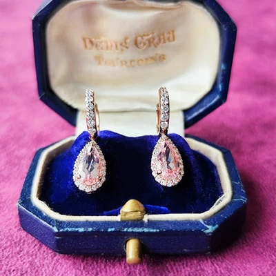 Pendientes Morganita Natural Diamante Pera Oro Rosa 18K 【Hechos en Japón】 Foto 1 de 4