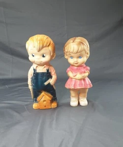 1960's Rubber Squeak Toy Carpenter Boy & Girl w/ Teddy bear~ Prescott & Mobley - Picture 1 of 8