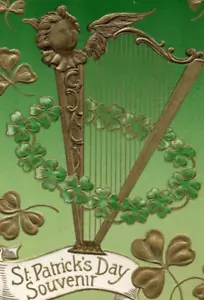 1910 Arpa d'oro Cherubino Cupido Trifoglio Winsch Indietro Giorno di San Patrizio Cartolina - Foto 1 di 3