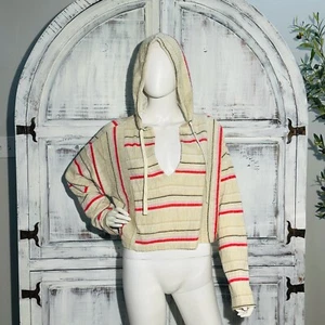 Roxy Todos Santos Poncho Hoodie Womens M Pink/Cream/Black Striped Cropped V-Neck - Picture 1 of 9