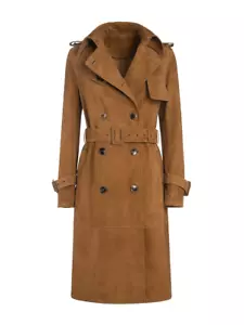 Womens Brown Suede Leather Trench Coat Size S M L XL XXL 3XL Custom Made - Picture 1 of 7