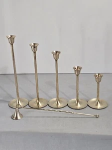 Graduated Brass Candlesticks Candle Holders and Snuffer Set of 5 Vintage Tawain - Picture 1 of 18