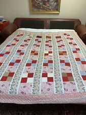 Antique Quilt, Early 1900s, pink, red, blue squares with organdy stripe, 68x63